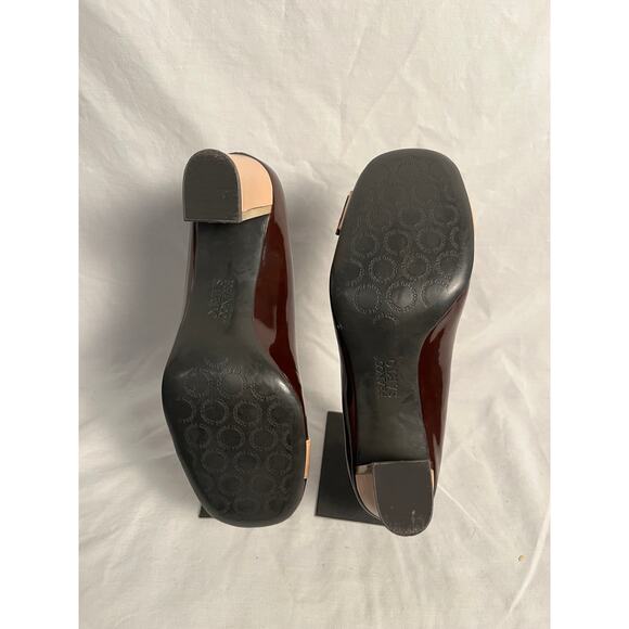 Franco Sarto Chocolate Brown Patent Block Heels w/ Nude Buckle Accent 8.5 - Picture 5 of 5